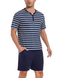 Uniexcosm Schlafanzug Herren Kurz Streifen Pyjama Set Baumwolle Zweiteiliger Nachtwäsche Kurzarm Oberteil und Kurze Hosen Sleepwear für Sommer Marineblau-1 M von Uniexcosm