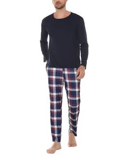 Uniexcosm Schlafanzug Herren Zweiteiliger Lang Baumwolle Pyjama Set Nachtwäsche Langarm Oberteil und Karierte Schlafanzughose Sleepwear Hausanzug Stil 1:Dunkelblau M von Uniexcosm