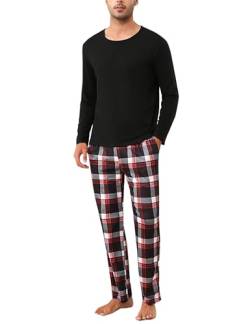 Uniexcosm Schlafanzug Herren Zweiteiliger Lang Baumwolle Pyjama Set Nachtwäsche Langarm Oberteil und Karierte Schlafanzughose Sleepwear Hausanzug Stil 1:Dunkelschwarz XL von Uniexcosm