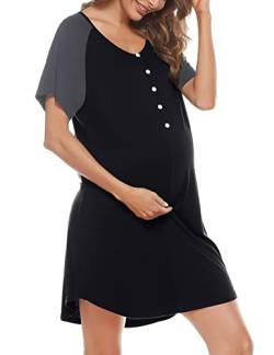 Uniexcosm Stillnachthemd Damen Kurzarm Baumwolle Mutterschaft Nachthemd Umstandskleid mit Knopfleiste V Ausschnitt Umstandsnachthemd für Schwangere oder Stillende Frauen Dunkelgrau-1 XL von Uniexcosm
