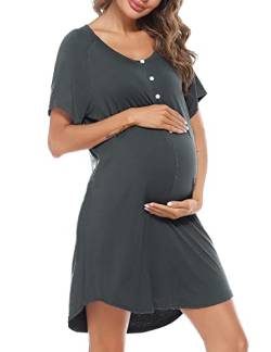Uniexcosm Stillnachthemd Damen Kurzarm Baumwolle Mutterschaft Nachthemd Umstandskleid mit Knopfleiste V Ausschnitt Umstandsnachthemd für Schwangere oder Stillende Frauen Dunkelgrau-2 XL von Uniexcosm