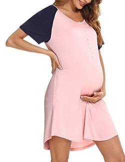 Uniexcosm Stillnachthemd Damen Kurzarm Baumwolle Mutterschaft Nachthemd Umstandskleid mit Knopfleiste V Ausschnitt Umstandsnachthemd für Schwangere oder Stillende Frauen Rosa M von Uniexcosm
