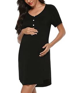 Uniexcosm Stillnachthemd Damen Kurzarm Baumwolle Mutterschaft Nachthemd Umstandskleid mit Knopfleiste V Ausschnitt Umstandsnachthemd für Schwangere oder Stillende Frauen Schwarz XL von Uniexcosm