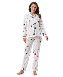 Unifizz Damen Pyjama Sets Baumwolle Damen Lounge Wear Weiche Nachtwäsche Button Down Top & Pants Pjs Sets Lang/Kurz Nachtwäsche Outfits Gr. 42, #2163_-2-Knopf Down_Stars von Unifizz
