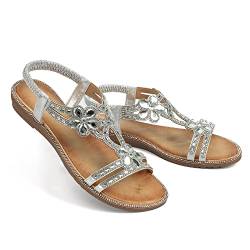 Unifizz Damen Sommer Sandalen Bequeme T-Strap Perlen Blume Glitzer Strass Flache Elastische Sandalen Kleid Schuhe für Outdoor Strand Hochzeit, silber, 38.5 EU von Unifizz