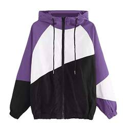 Uninevp Softshelljacke Damen Wasserdicht Atmungsaktiv Windbreaker Ultraleicht Patchwork Hoodie Windjacke Dünne Übergangsjacke schwarz Trenchcoat für Teenager Mädchen (W-lila, L) von Uninevp