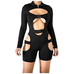 Uninevp Women Sexy Jumpsuit Hollow Out Bodycon Buckle Cut Out Long Sleeve Biker Short Rompers High Neck Bodysuits Summer Streetwear Overall Y2K Clubwear (A-Black, M) von Uninevp