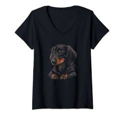 Damen Dackel T-Shirt mit V-Ausschnitt von Unique Threads