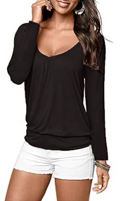 Damen Casual V-Ausschnitt Langarmshirt Basic Shirt Langarm Stretch Tunic Tops (B-Schwarz, XXL) von Uniquestyle
