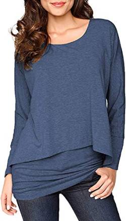 Uniquestyle Damen 2 in 1 Optik Langarmshirt Casual Tunkia Langarm Große Größen Longshirt Asymmetrisch Oberteil Top Shirt Blau M von Uniquestyle