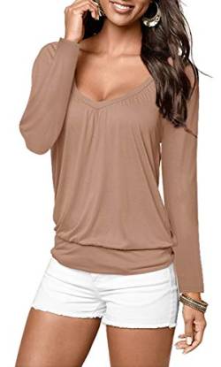 Uniquestyle Damen Langarmshirt V-Ausschnitt Lässige Stretch Falten Bluse Tops Oberteil Baumwollshirt Blickdicht Khaki L von Uniquestyle