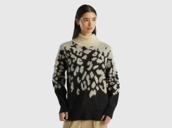 Benetton, Animalier-rollkragenpullover Aus Mohairmischung, größe L-XL, Bunt, female von United Colors of Benetton