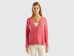 Benetton, Cardigan Over Fit Mit Zopfmuster, größe L-XL, Pink, female von United Colors of Benetton