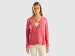 Benetton, Cardigan Over Fit Mit Zopfmuster, größe XS-S, Pink, female von United Colors of Benetton