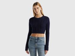 Benetton, Cropped Pullover Mit Zopfmuster, größe L-XL, Dunkelblau, female von United Colors of Benetton