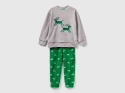 Benetton, Fleece-pyjama Mit Rentieren, größe L, Hellgrau, male von United Colors of Benetton