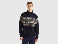 Benetton, Jacquard-rollkragenpullover Aus Mischwolle, größe M, Dunkelblau, male von United Colors of Benetton