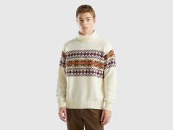 Benetton, Jacquard-rollkragenpullover Aus Mischwolle, größe XL, Cremeweiss, male von United Colors of Benetton