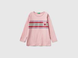 Benetton, Langärmliges Shirt Mit Glitzerndem Print, größe S, Pink, female von United Colors of Benetton