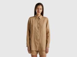 Benetton, Lange Bluse Aus Reinem Leinen, größe XS, Camel, female von United Colors of Benetton