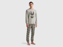 Benetton, Langer Pyjama Mit Maskotte-print, größe M, Hellgrau, male von United Colors of Benetton