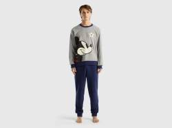 Benetton, Mickey Mouse-pyjama In Fleece, größe XL, Hellgrau, male von United Colors of Benetton