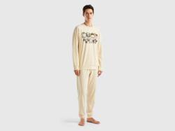 Benetton, Pyjama Mit Maskotte-print Aus Stretchiger Baumwolle, größe M, Beige, male von United Colors of Benetton