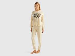 Benetton, Pyjama Mit Maskotte-print Und Cropped-shirt, größe XS, Beige, female von United Colors of Benetton