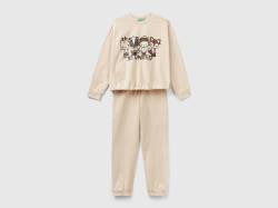 Benetton, Pyjama Mit Maskotte-print Und Cropped-shirt, größe XXS, Beige, female von United Colors of Benetton