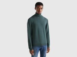 Benetton, Rollkragenpullover Aus Reiner Merinowolle In Dunkelgrün, größe L, Dunkelgrün, male von United Colors of Benetton