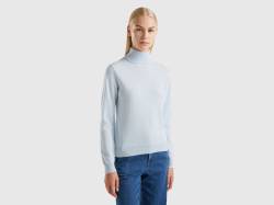 Benetton, Rollkragenpullover Aus Reiner Merinowolle In Himmelblau, größe L, Blassblau, female von United Colors of Benetton