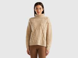 Benetton, Rollkragenpullover Mit Zopfmuster, größe M, Beige, female von United Colors of Benetton