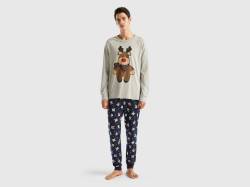 Benetton, Warmer Pyjama Mit Rentier-print, größe S, Hellgrau, male von United Colors of Benetton