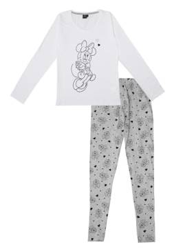 Disney Minnie Mouse Schlafanzug für Damen - Pyjama Set Langarm Oberteil mit Hose Weiß/Grau (DE/NL/SE/PL, Alphanumerisch, L, Regular, Regular, Weiß/Grau) von United Labels