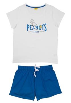 The Peanuts Snoopy Schlafanzug für Damen - Hoopin League Pyjama Set Kurzarm Oberteil mit Hose Weiß/Blau (DE/NL/SE/PL, Alphanumerisch, L, Regular, Regular, Weiß/Blau) von United Labels