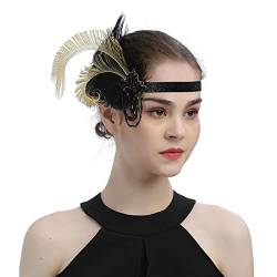 Haarreif Augen 1920er Flapper Stirnband schwarze Feder Kopfschmuck Strass Haarband Cocktailkopf Zubehör für Damen Fahrrad Outfit Herren Stylisch (Black, One Size) von UnoSheng