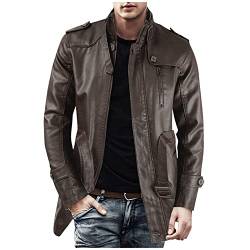 Ledermantel Herren Lang Stehkragen - Lederjacke Herren Braun Kunstleder Trenchcoat Mäntel Winddicht Wasserdicht Übergangsjacke Herrenmantel Mit Gürtel Herrenmantel Freizeitjacke Motorradjacke von UnoSheng