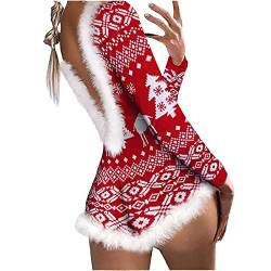 Schlafanzug Weihnachten Damen Weihnachten Strampler Shorts Langarm Xmas Pyjamas Sexy Bodysuit Jumpsuit Short Wal G (Red, S) von UnoSheng