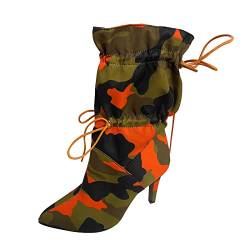 UnoSheng Breite Waden dünne Mid- Camouflage Stiefel High-Heel Damenstiefel mit spitzem Muster Schuhe Damen Sommer Elegant (Orange, 41) von UnoSheng