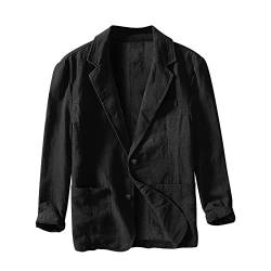 UnoSheng Business Casual Baumwoll-Leinen-Anzugjacke für Herren, locker sitzende, modische, einfarbige, einlagige Anzugoberseite Fleecejacke Jungen 152 (Black, XXXXL) von UnoSheng