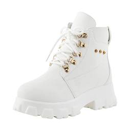 UnoSheng Damen 43, einfarbig, lässig, Biker-Stiefel zum Schnüren, Plateaustiefeletten Wildling Schuhe Damen 40 (White, 42) von UnoSheng