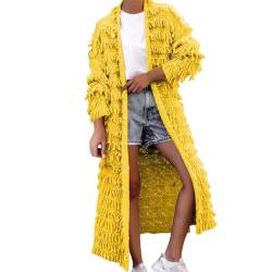 UnoSheng Dicke Strickjacke Damen Lange Damenjacke mit Fransen, Mantel aus Wollmischung, langärmelig, Rundhalsausschnitt, Fransenjacke, Trenchcoat, Oberbekleidung Frau Pullover (Yellow, S) von UnoSheng