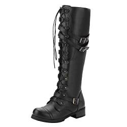 UnoSheng Kette Frauen Steampk Gothic-Vintage-Stil Retro-Punk-Schnalle Kampfstiefel Stiefeletten Damen Schwarz Flach Gefüttert (Black, 41) von UnoSheng