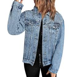 UnoSheng Lederjacke Mit Fransen Damen Perlen Perlenstickerei Jeansjacken Lässiger bestickter Jean Mantel Oberbekleidung Denim Knöpfe Mantel Dirndl Kurz (Blue, XXL) von UnoSheng