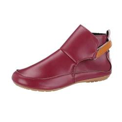 UnoSheng Schnee Damen Vintage Lederstiefel, flache Schuhe, Winterstiefel mit runder Zehenpartie Canvas Damen Schuhe (Red, 35) von UnoSheng