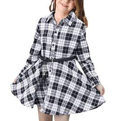 UnoSheng Tüllrock Freizeitkleid Gürtel Langarm Buffalo Check Schwarz Weiß Rot Plaid Kleider für Kinder Schwarzer Mädchen 140 (F, 12-13T) von UnoSheng