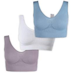 UnsichtBra Bustier Damen BH ohne Buegel | 3er Set Wohlfühl Bustiers Tops | Bügelloser Soft Bra | Schlaf Still Sport Crop Top Büstier blau, lila, weiß (wellbra_pas)(L) von UnsichtBra