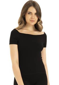 UnsichtBra Damen Shapewear Unterhemd mit weitem Ausschnitt in Rippenstrick | 2 in 1 Blusen Basic Top | Mikrofaser Shape Tops ohne Bügel (sw_9009, Schwarz, M-L) von UnsichtBra