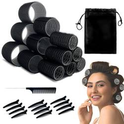 UoQo Lockenwickler für langes Haar, 32-teiliges Salon-Friseur-Lockenwickler-Set mit Klettverschluss, Schwarz, selbstgreifendes Haarroller-Set mit 12 Clips, 1 Kamm und einer großen Aufbewahrungstasche von UoQo