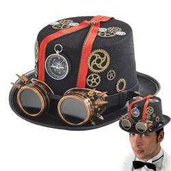 Uozonit Herren Gothic Steampunk Hüte,Gothic Steampunk Zylinder,Gothic Vintage Kostüm Kopfbedeckung mit abnehmbarer Schutzbrille - Verkleidungszubehör, Zeitreisender-Kostüm für Herren für von Uozonit